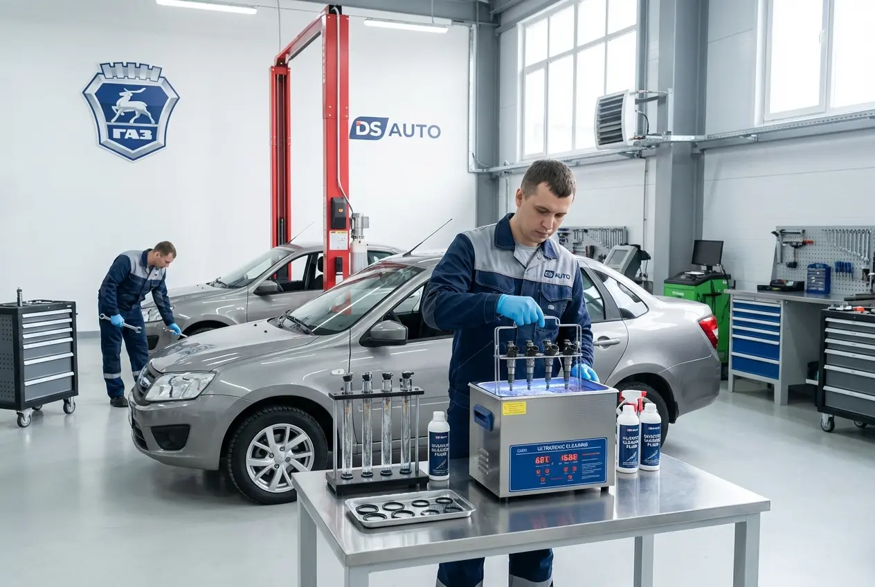 Топливные форсунки ГАЗ на диагностическом стенде в автосервисе DS Auto в Жуковском — проверка и ультразвуковая чистка для бензиновых двигателей GAZ

